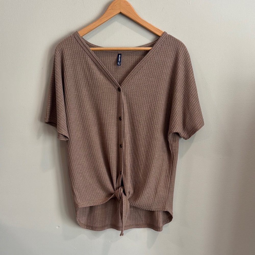 Brown Dolman Sleeve waffle Button Down Shirt with Tie Front